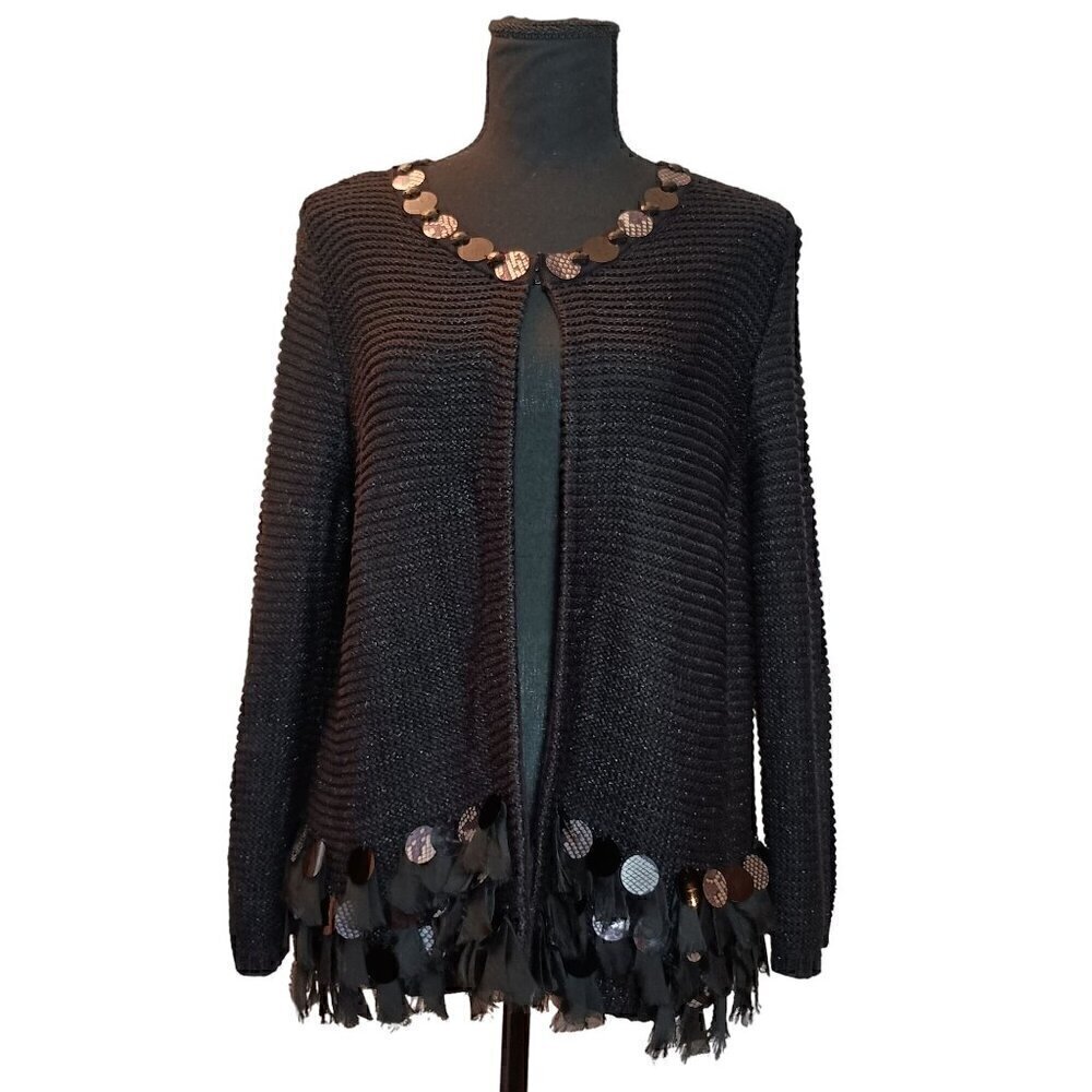 Ruby Rd Black, Sequin and Sheer ties, One Hook. long Sleeve Cardigan  Size Lg